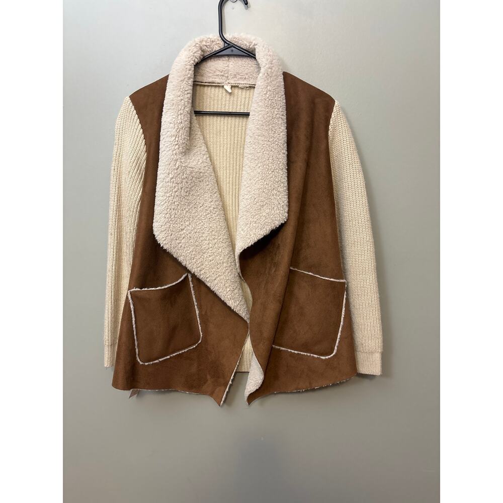 Anthropologie Moth Sherpa Faux Fur Moto Sweater Jacket Size Large- Boho/Retro
